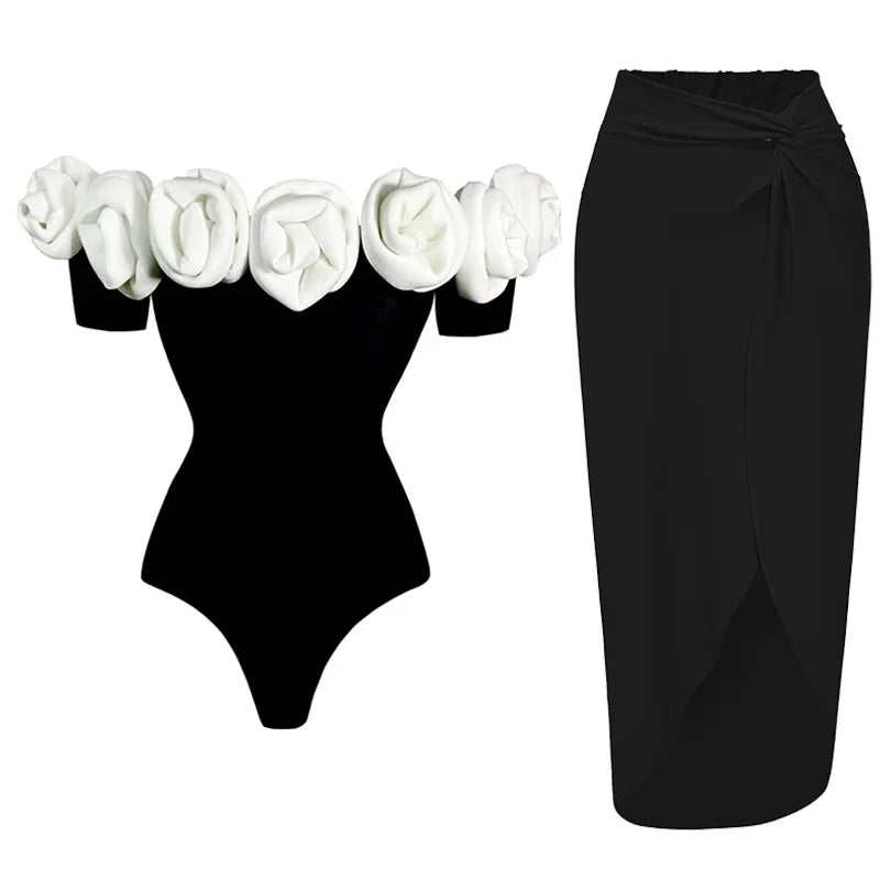 2024 Vintage 3D White Flower Off Shoulder One Piece Swimsuit and Skirt Swimwear