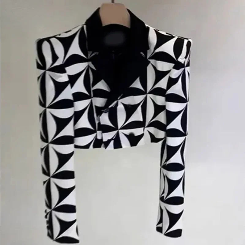 Women's Turn Down Collar Geometric Pattern Jacket