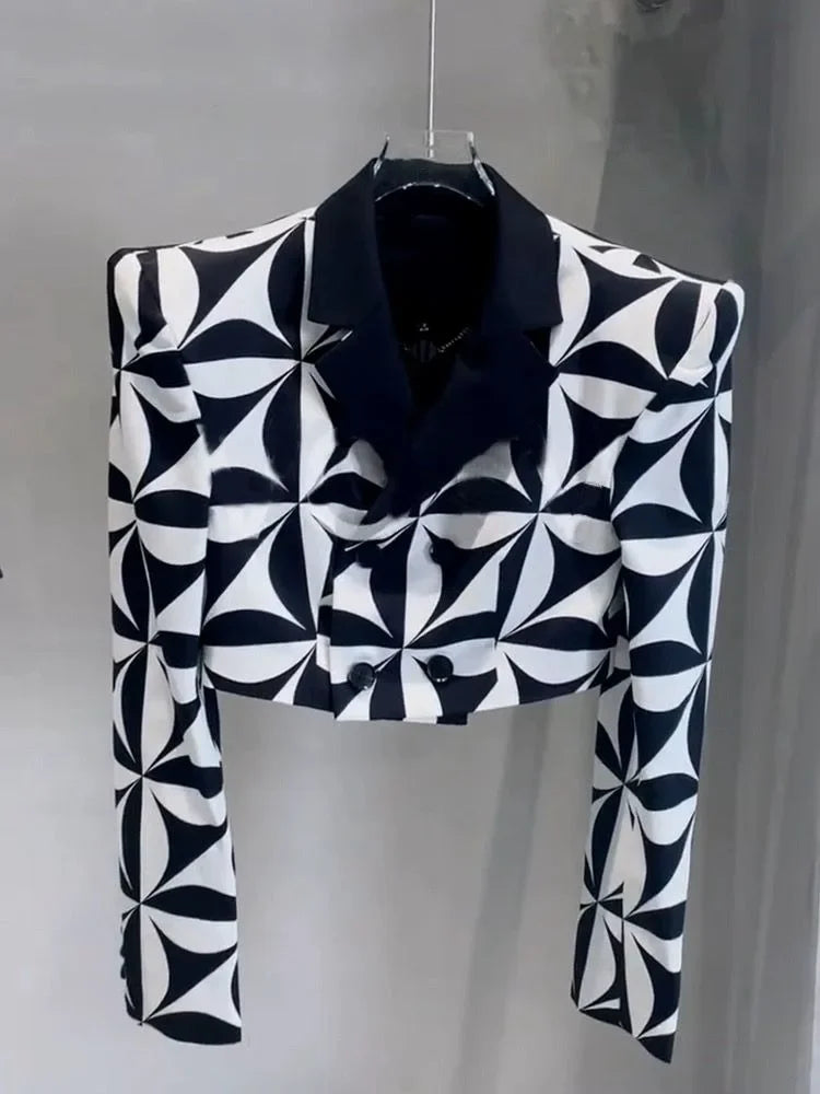 Women's Turn Down Collar Geometric Pattern Jacket