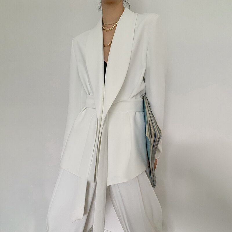 Women's Set, Long Sleeve Loose Belt Blazer &High Waist Adjustable Pants