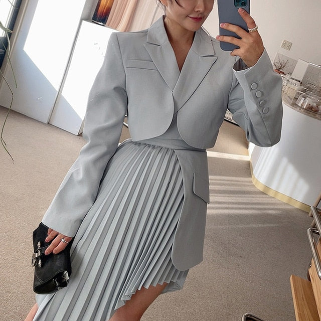 Notched Collar Long Sleeve Short Blazer Pleated Irregular Skirt