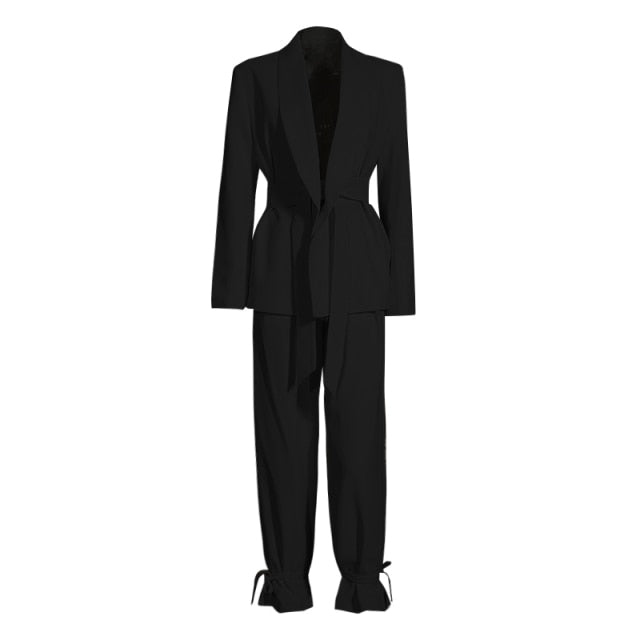 Women's Set, Long Sleeve Loose Belt Blazer &High Waist Adjustable Pants