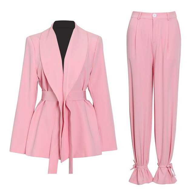 Women's Set, Long Sleeve Loose Belt Blazer &High Waist Adjustable Pants