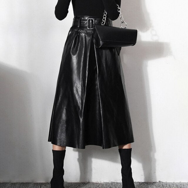 Minimalist Solid High Waist Leather Skirt