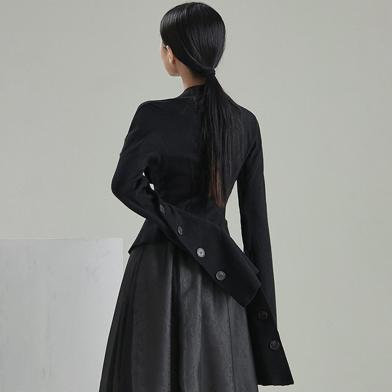 Black Slim Patchwork Button Irregular Women's Sweater