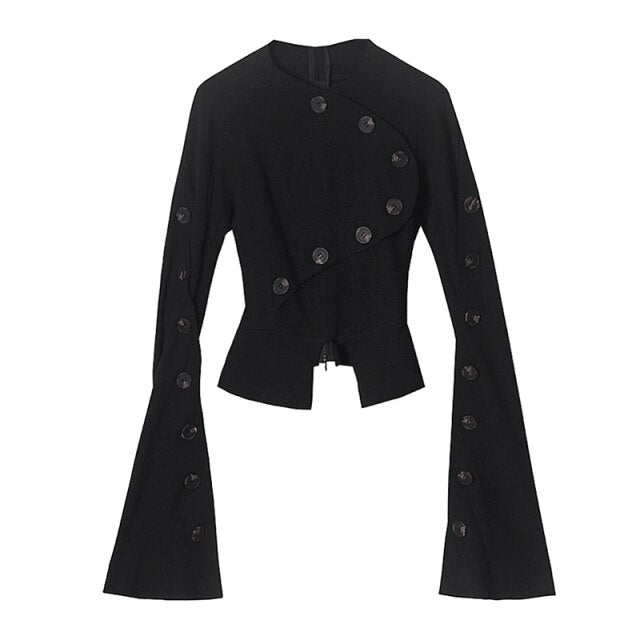 Black Slim Patchwork Button Irregular Women's Sweater