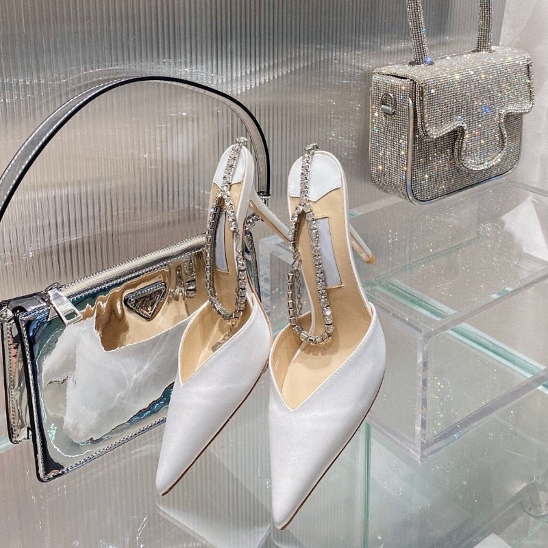 Women's V Cut Closed Toe Strap Rhinestone Fashion Heels