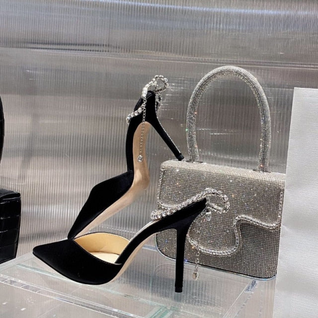 Women's V Cut Closed Toe Strap Rhinestone Fashion Heels