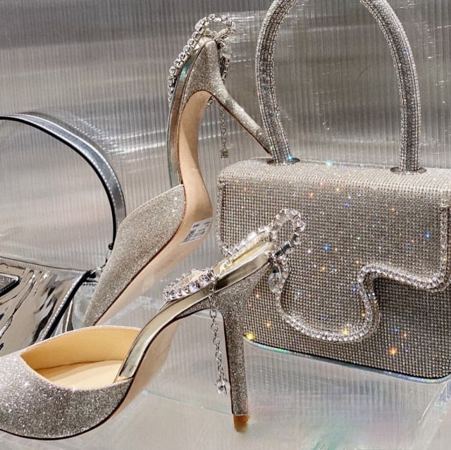 Women's V Cut Closed Toe Strap Rhinestone Fashion Heels
