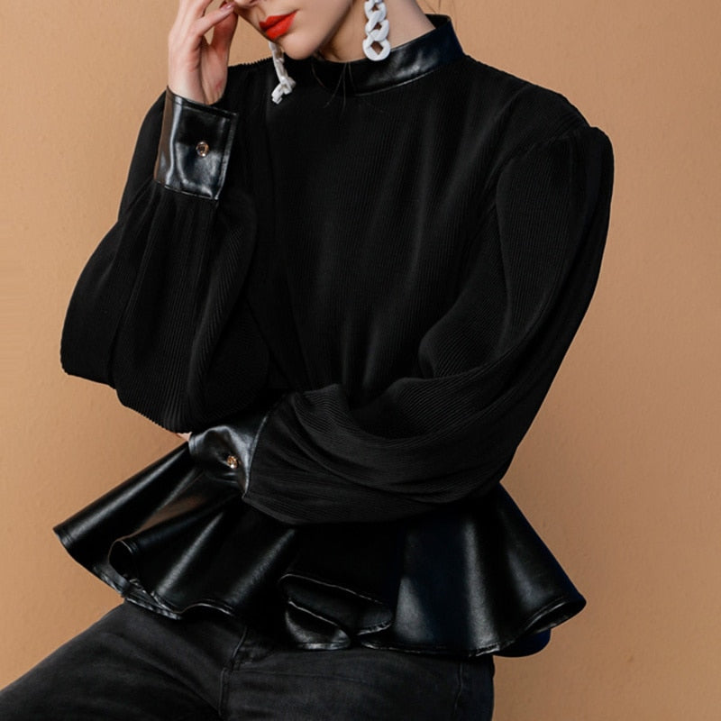 Black Casual Patchwork Ruffle Shirts