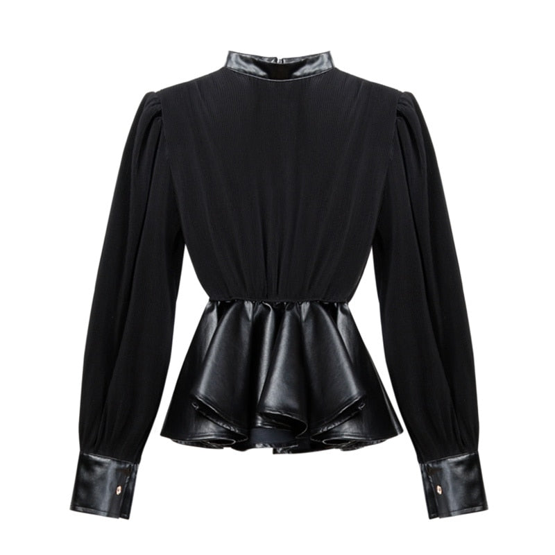 Black Casual Patchwork Ruffle Shirts