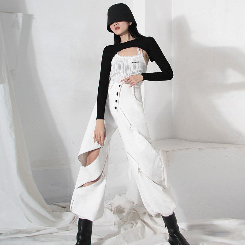 White Patchwork Zipper Cut Out