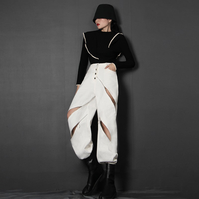 White Patchwork Zipper Cut Out