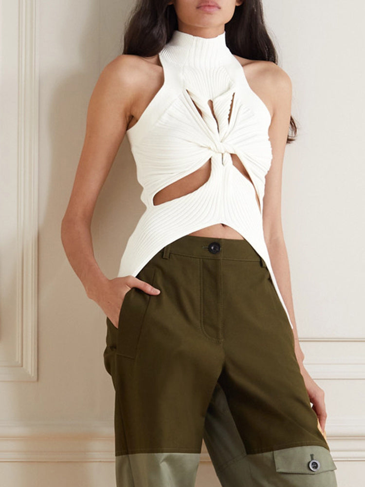 Round Collar Sleeveless Cut Out Minimalist Vests